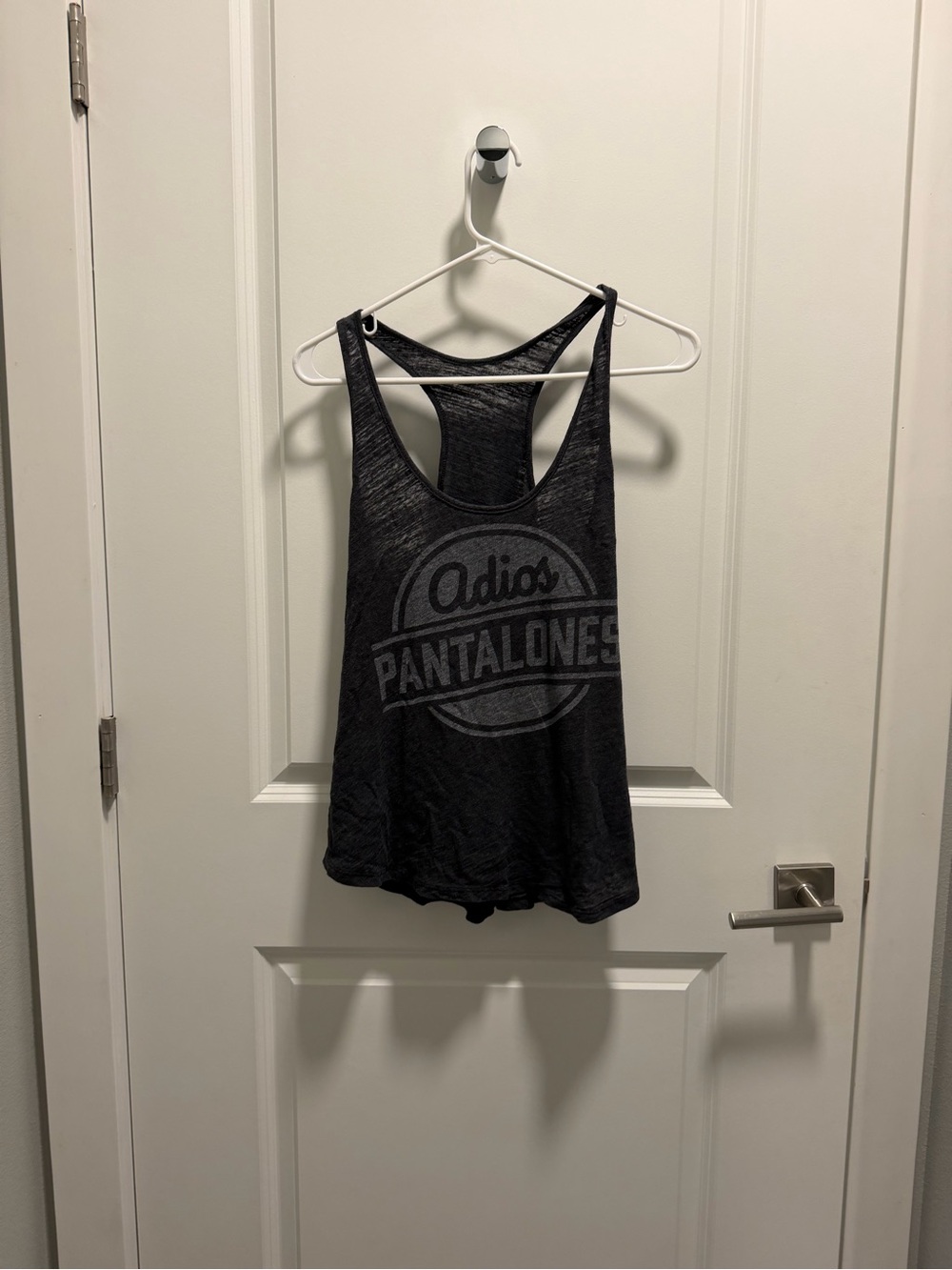 Black Graphic Racerback Tank Top with 'Adios Pantalones' Print